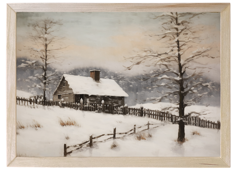 Snowy Cabin Wood Framed Print