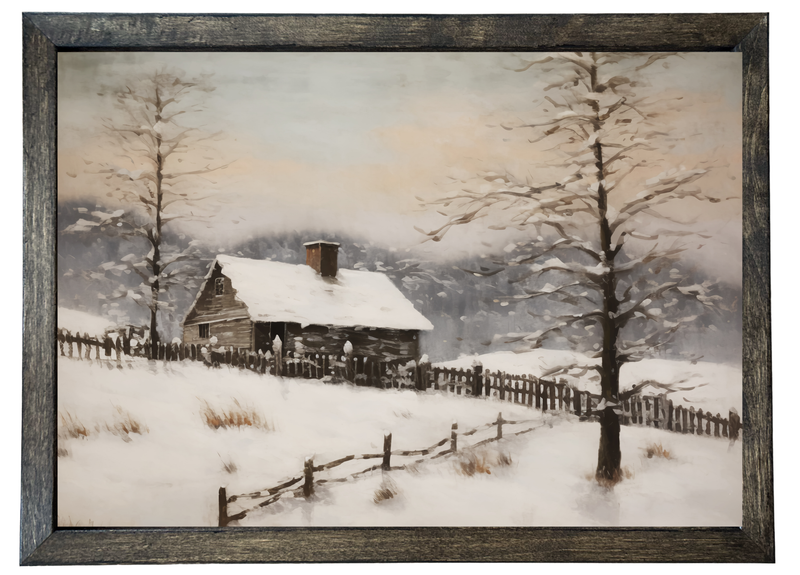 Snowy Cabin Wood Framed Print