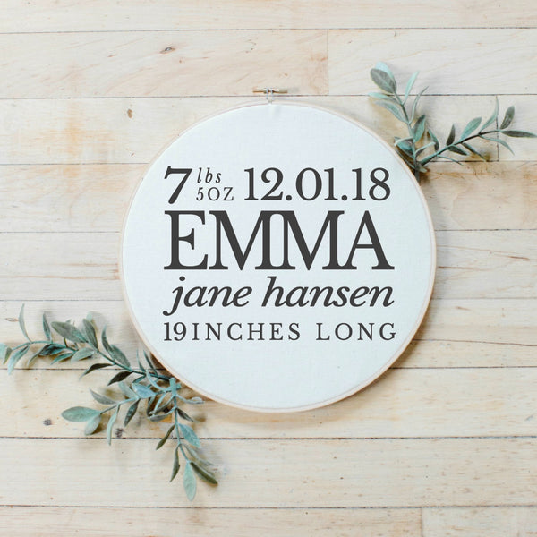 Personalized Birth Stat Faux Embroidery Hoop