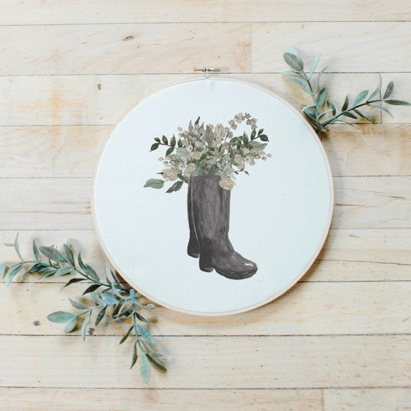 Boots Watercolor Faux Embroidery Hoop